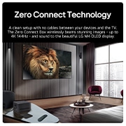 A Zero Connect Box in front of an LG SIGNATURE OLED M4, and a red Wi-Fi signal and red beam emitting towards the TV. The TV displays a ballerina dancing solo on stage.