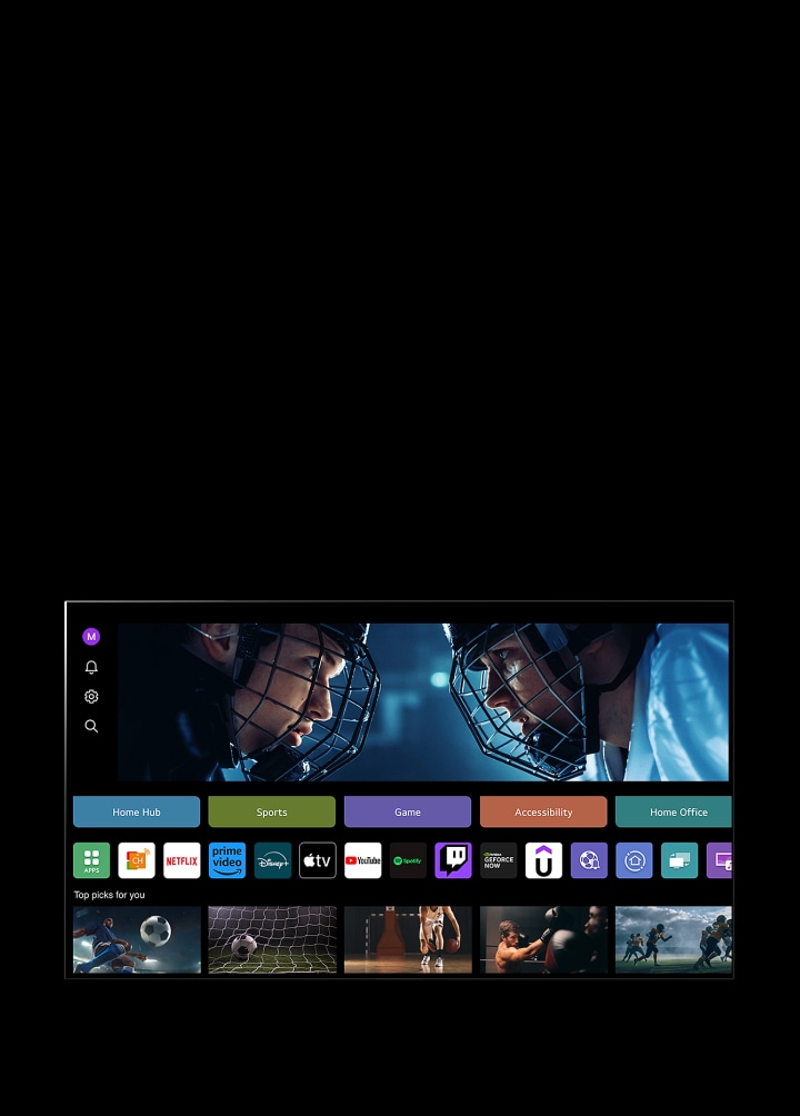 An LG TV screen shows the My Profile display. In the top third, a banner for Tangible Wonders. Below the banner, the following buttons are displayed: Home Hub, Sports, Game, Accessibility, Home Office. Below the buttons, the following logos are displayed: LG Channels, Netflix, Prime Video, Disney+, Apple TV, YouTube, Spotify, Twitch, GeForce Now, and Udemy. Below the logos, 5 movie thumbnails are displayed under the text "Top picks for you". 