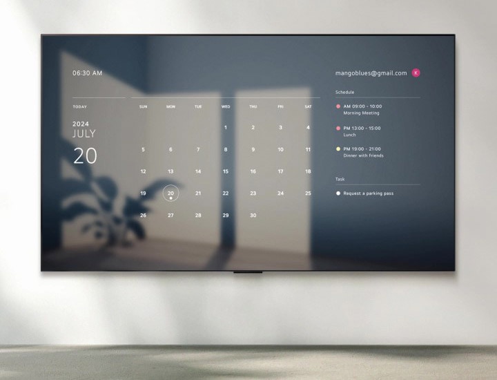An LG TV displays an image of a sunrise with the time, date, weather, and temperature, and the text "Good morning." A speech bubble with the text "Hi LG" fades in and out, followed by a speech bubble with the text "Show me this week's schedule." The screen fades to a display showing a Google calendar and daily schedule.