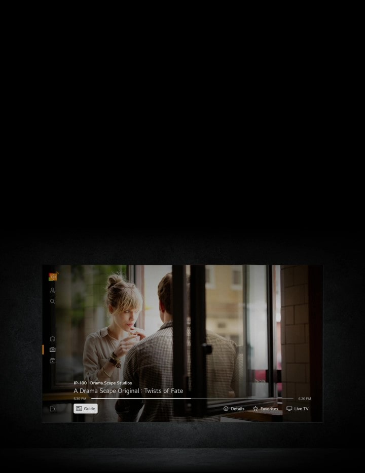 A user selects LG Channels from the LG TV's home screen. The cursor then clicks to continue watching a favorite drama series. 