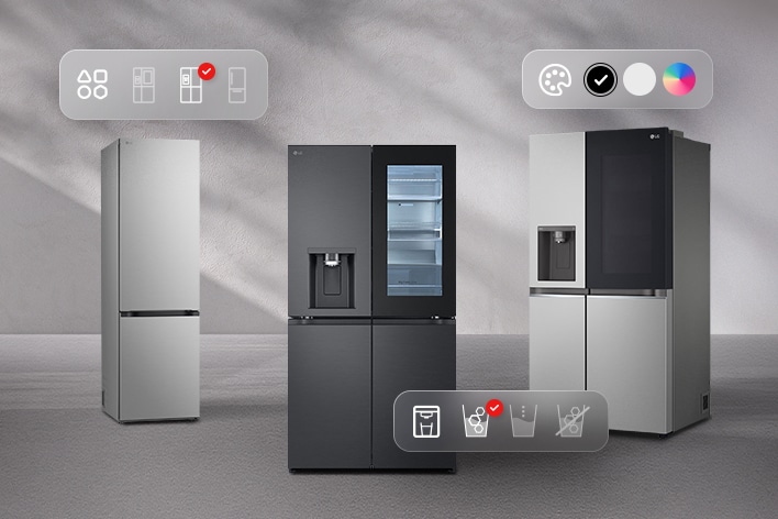 Three LG fridge freezer models displayed side by side with on-screen icons showing type, color and dispenser options
