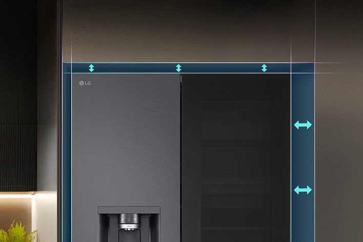 Front view of LG fridge freezer with measurement arrows indicating installation space dimensions