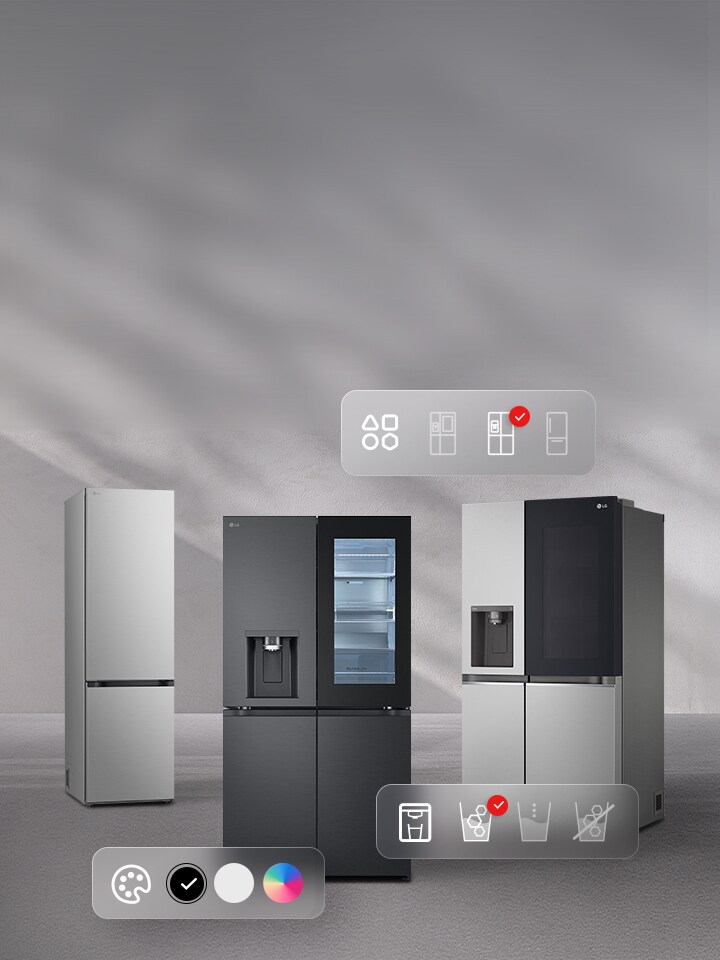 Three LG fridge freezer models displayed side by side with on-screen icons showing type, color and dispenser options