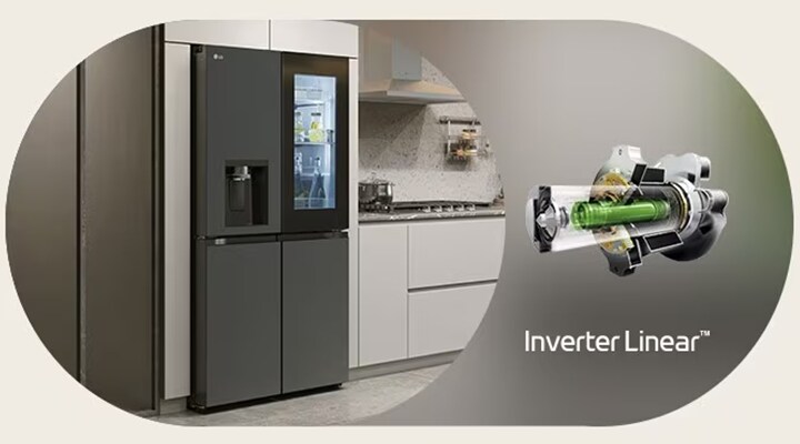 LG refrigerator with InstaView design shown beside a detailed cutaway image of the Inverter Linear™ compressor.