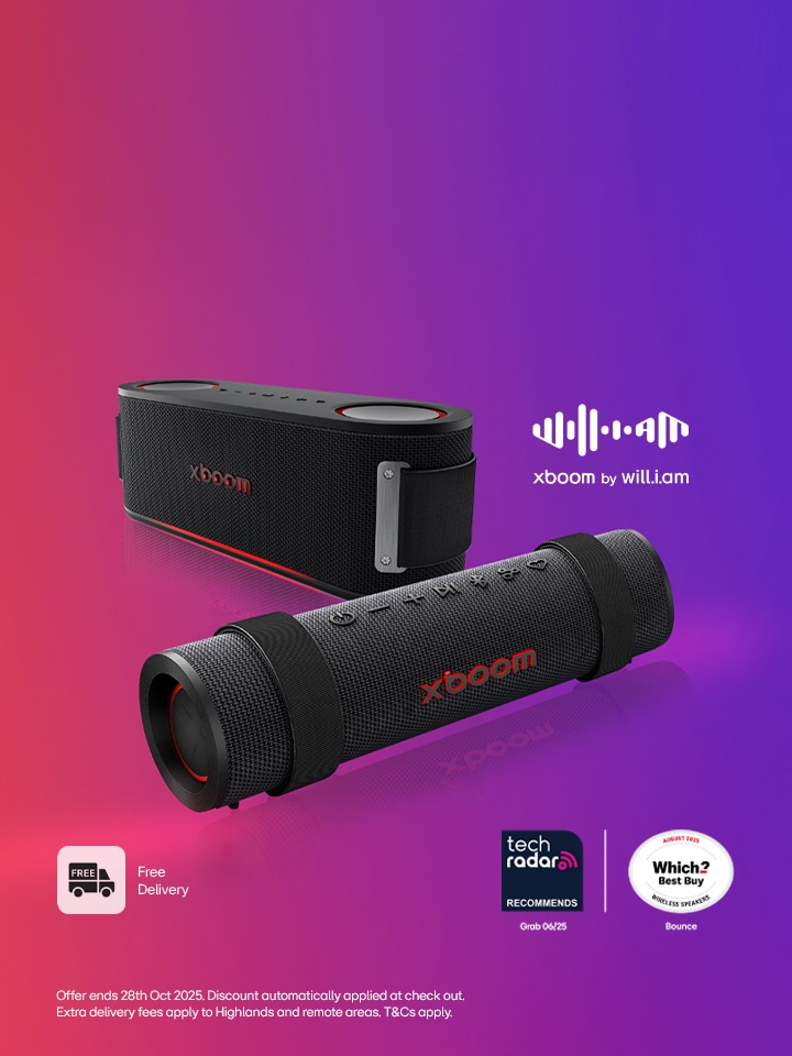 LG xboom speakers with a red/blue background, with which? and Tech Radar award