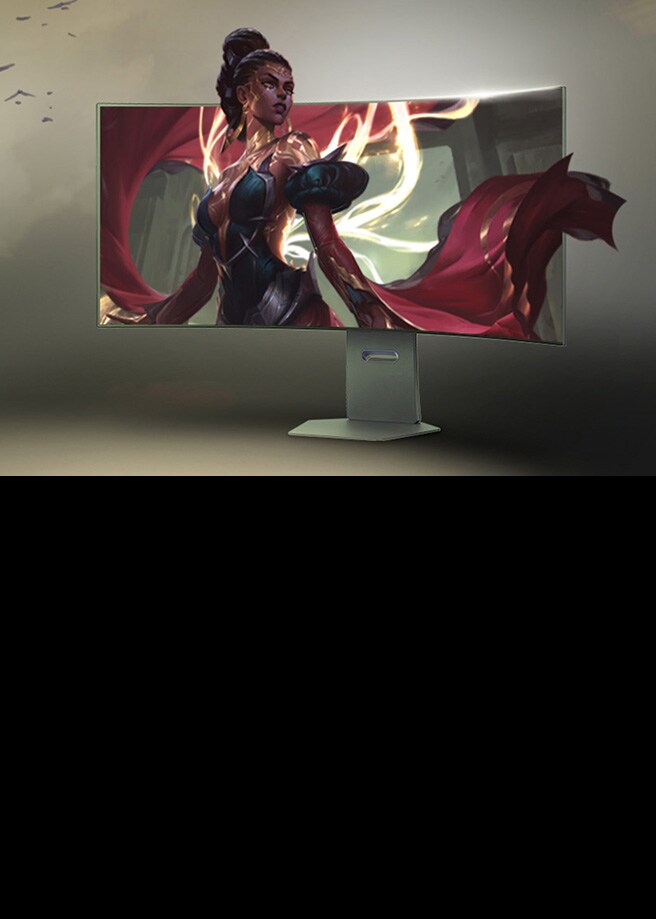 A princess in a red, flowing dress stares elegantly into the distance, her dress flays outside of the UltraGear monitor