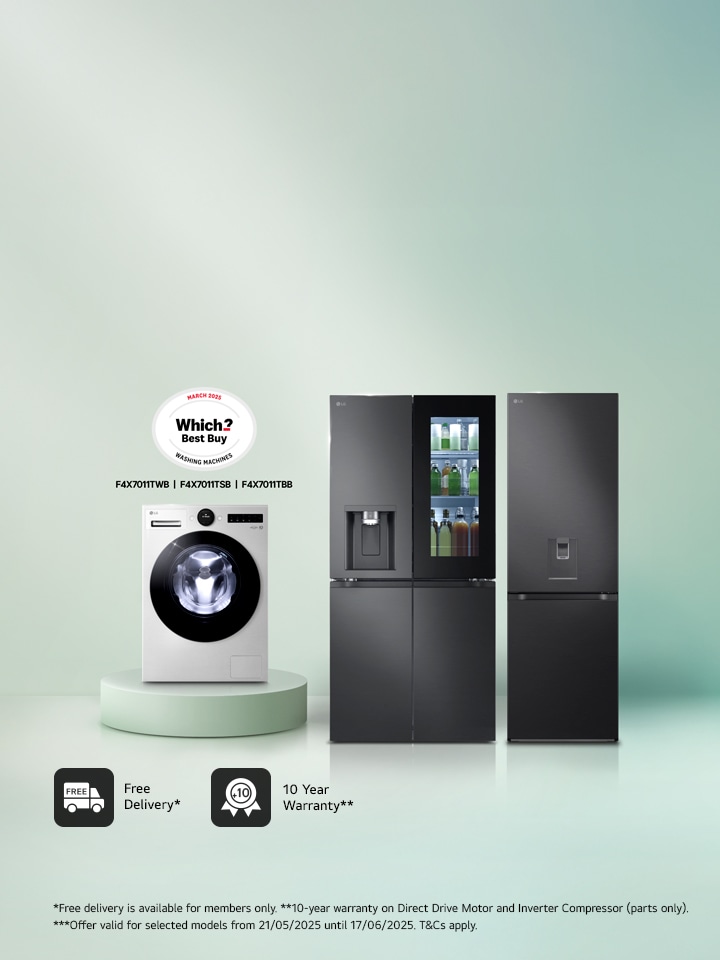 LG Washing Machine on a podium next to an InstaView Fridge Freezer, beside a Tall Fridge Freezer