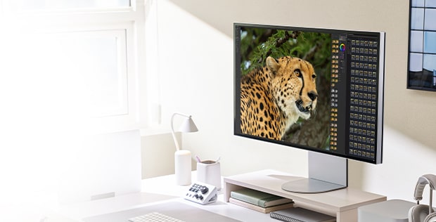 A home office desk setup up with an LG 6K monitor 
