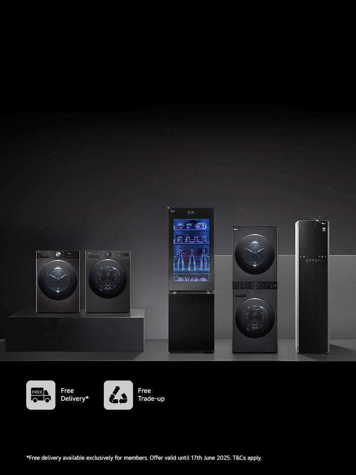 black lg appliances on sleek black background and grey pedestal