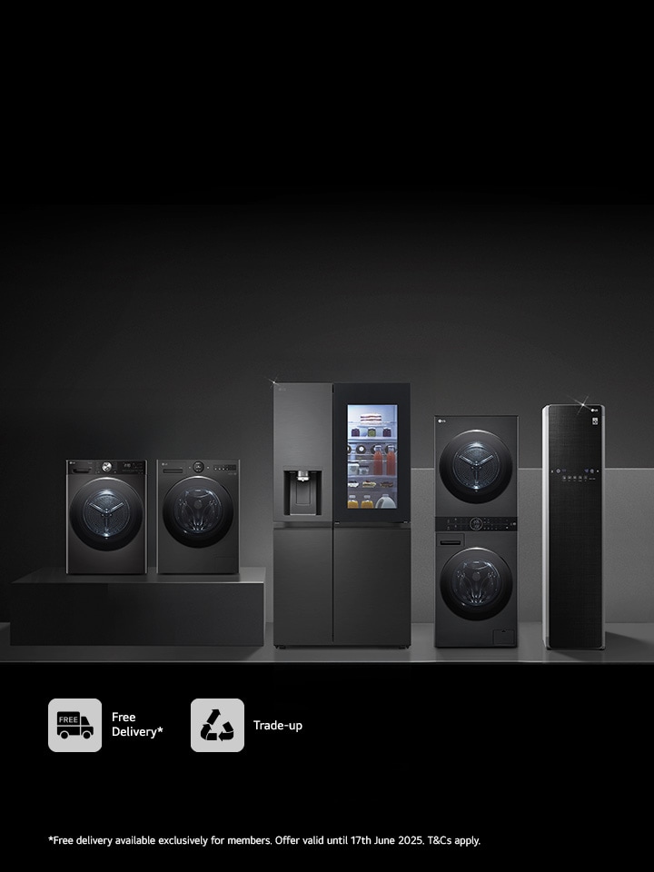 black lg appliances on sleek black background and grey pedestal
