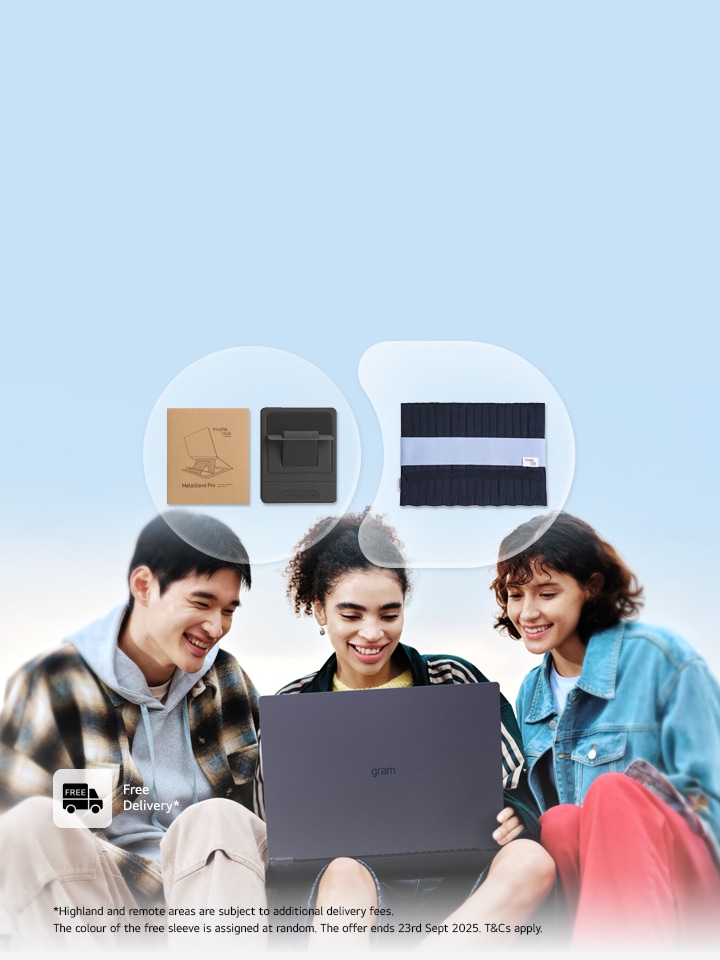 3 young people are using an LG gram laptop