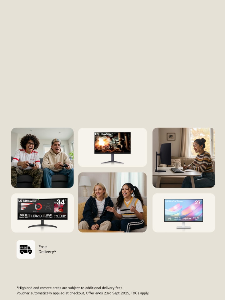 LG monitors in separate boxes, with students using tech in others, with a beige background 