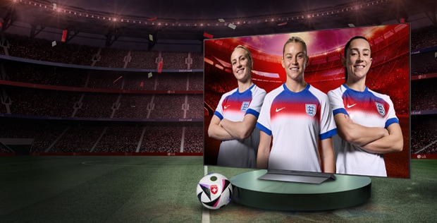 LG oled tv with a womens' euro screenfill featuring 3 female players and a £500 cashback message written to the left of the image.