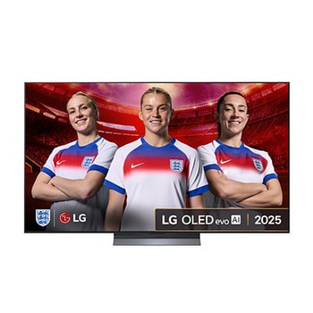 Front view of LG OLED evo AI C5 4K Smart TV. 12 Years of world number 1 OLED emblem and LG OLED evo AI 2025 logo are on the screen.