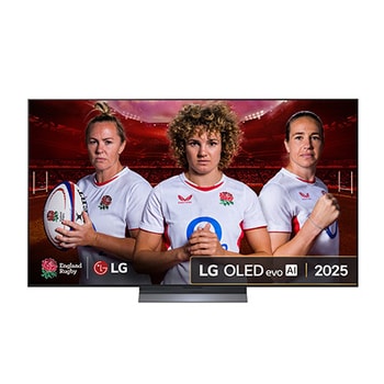Front view of LG OLED evo AI C5 4K Smart TV. 12 Years of world number 1 OLED emblem and LG OLED evo AI 2025 logo are on the screen.