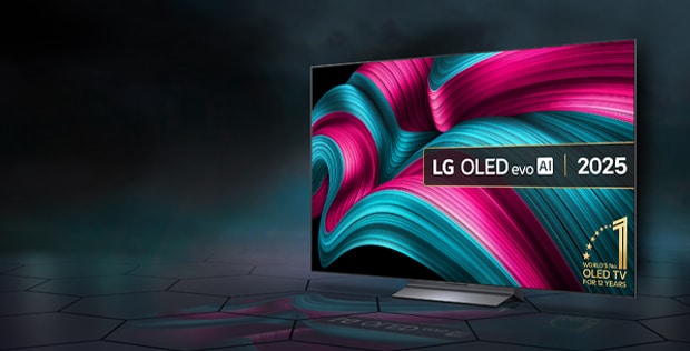 lg oled evo 2025 tv on a dark background with 2 awards 