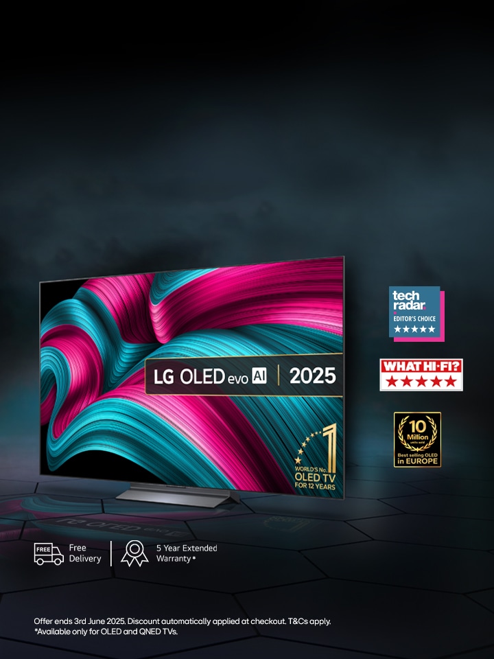 lg oled evo 2025 tv on a dark background with 3 awards 