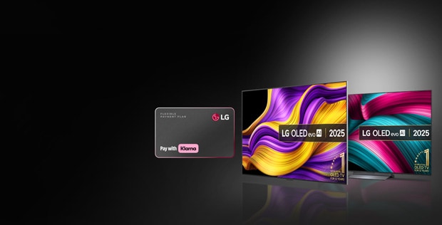 2 LG OLED TVs next to a Klarna bank card, dark background