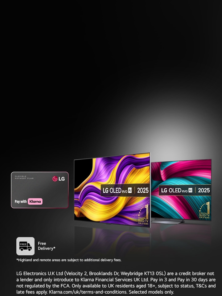 2 LG OLED TVs next to a Klarna bank card, dark background