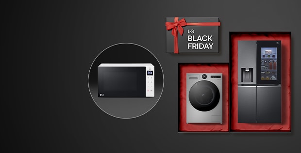 LG Products in a Black Friday setting, with a red ribbon and a black background