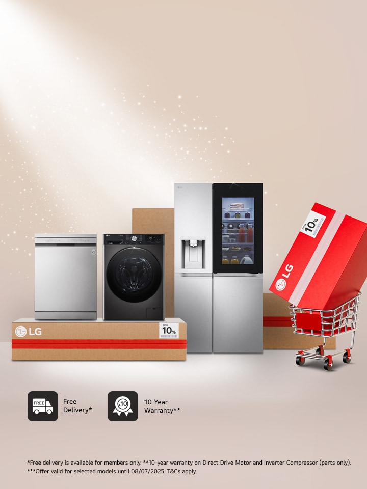 LG home appliances sit on delivery boxes with 10% discount stickers