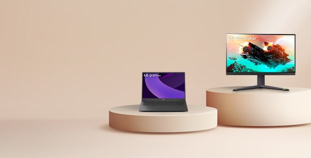 LG laptio and lg monitor on pedestals over a clean light background