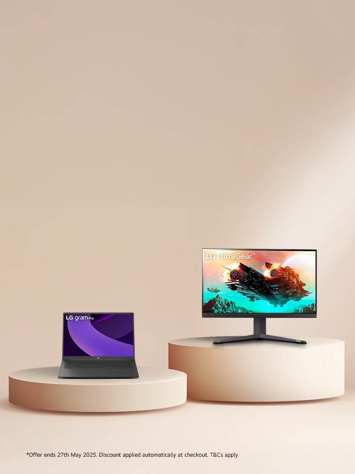 LG laptio and lg monitor on pedestals over a clean light background