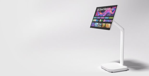 lg swing monitor on a light grey background showcasing its features