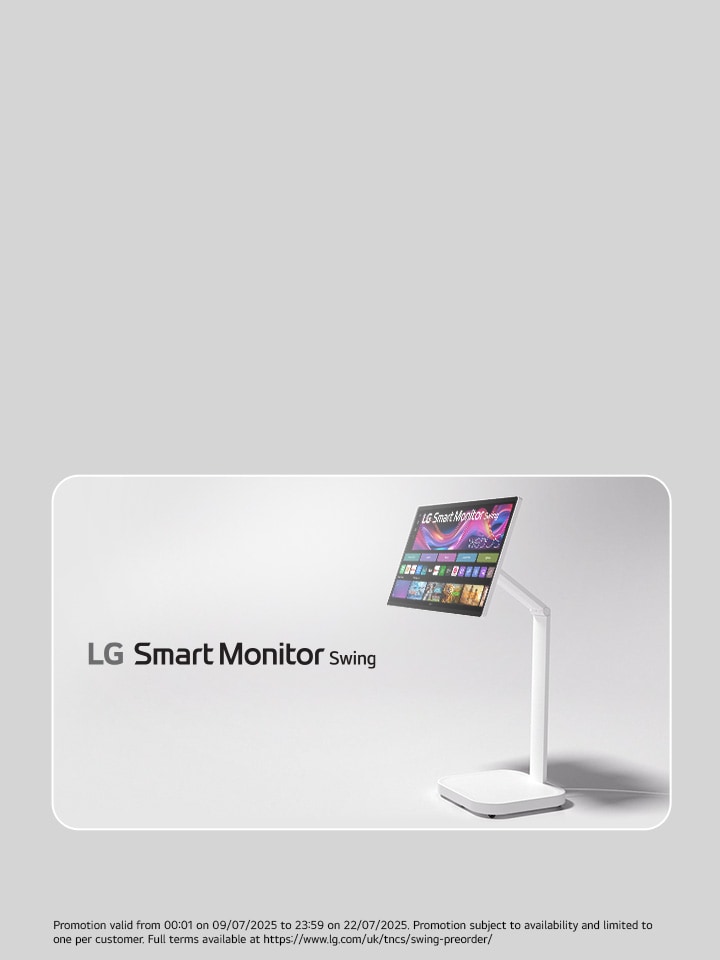 lg swing monitor on a light grey background showcasing its features