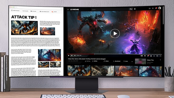 A curved LG UltraGear monitor shows split-screen multitasking, with a web page of attack tips on the left and a fantasy RPG gameplay video featuring a mage battling a giant demon on the right.