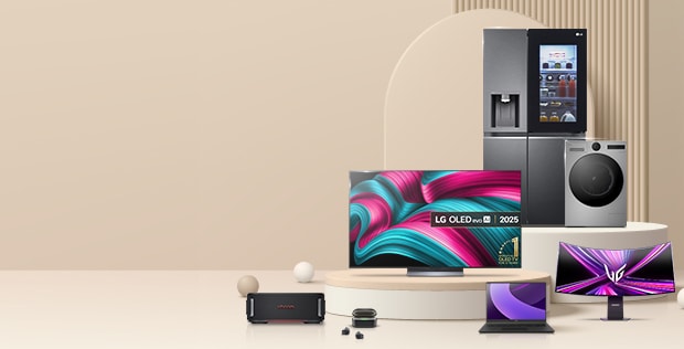 lg products on pedestals: fridge, TV, washing machine, earbuds, monitor, laptop and speaker with multibuy promo message to the left 