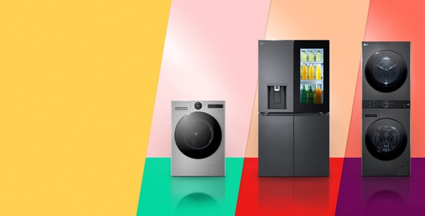 lg washing machine machine, fridge and WashTower in colourul bubbles