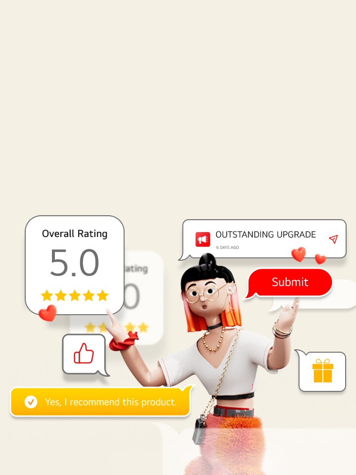 lg character with boubles of review copy and ratings with promotion to review lg products to the left 