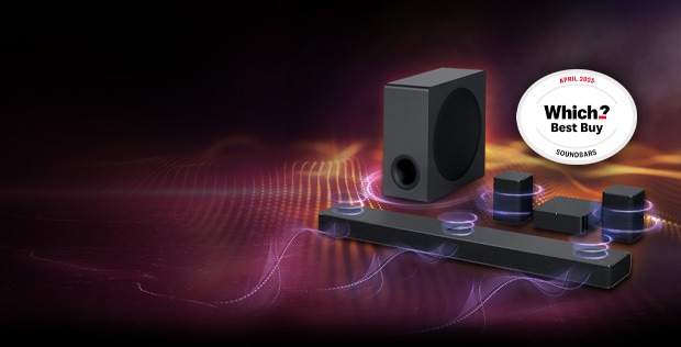 LG S80QR Soundbar on a dark maroon background with soundwaves coming from the speakers and subwoofer