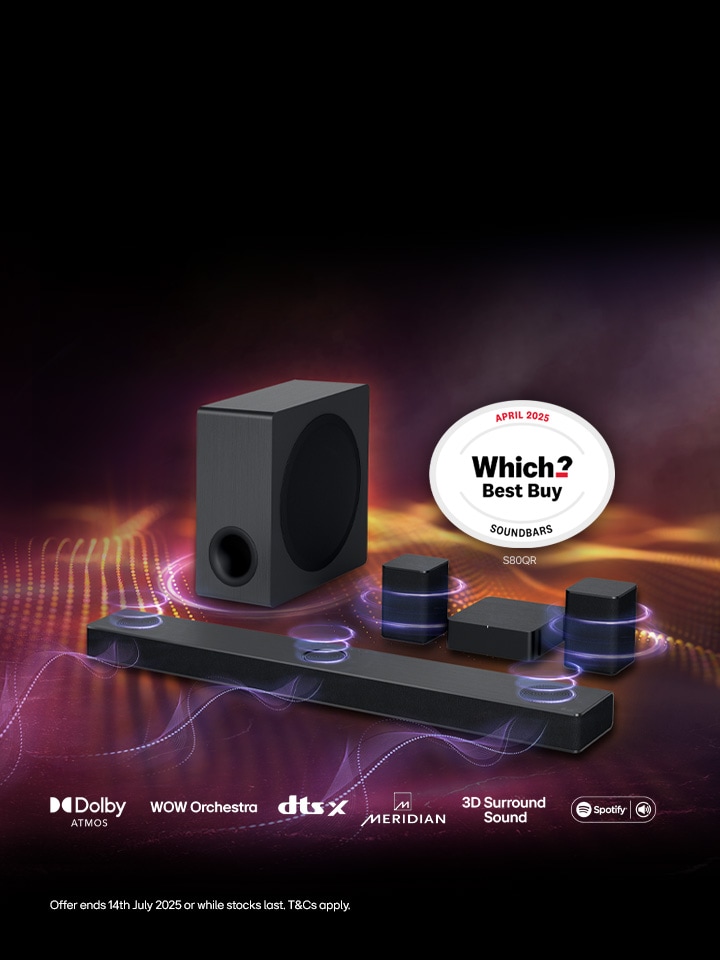 LG S80QR Soundbar on a dark maroon background with soundwaves coming from the speakers and subwoofer