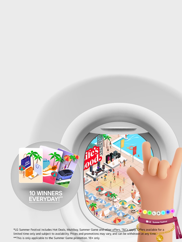 Hand doing 'rock' sign in front of plane window, with festival on the ground