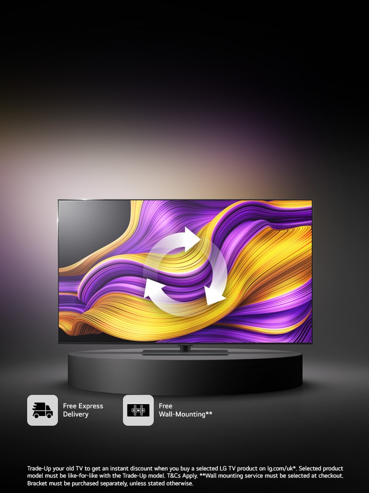 lg oled tv with trade up icon on top of it and a promotional message to the left