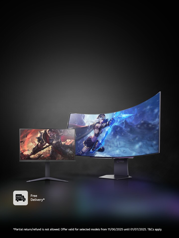 Two LG monitors on a black background with a promo message to the left