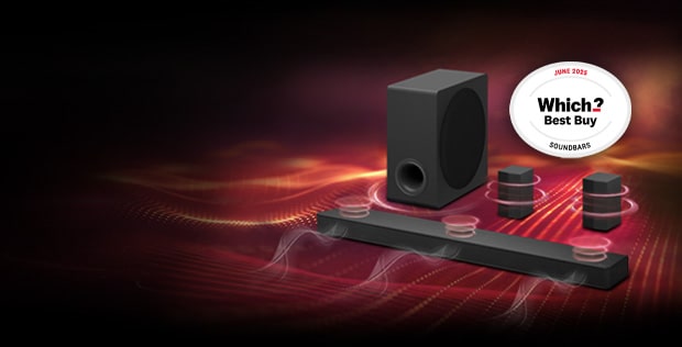 lg US80TR soundbar with which? award on a dark background with red waves representing sound