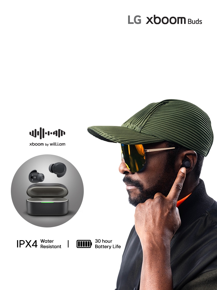 lg xboom earbuds image with LG Xboom Buds logo and Will-i-am logo to the left of it