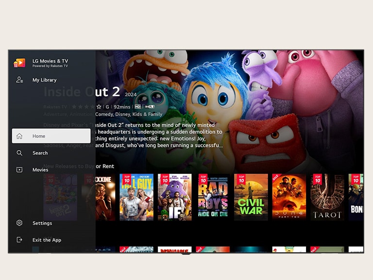 LG TV settings screen displaying a selection of movies from LG Movies & TV, featuring a wide range of films from latest blockbusters to rare classics, with personalized recommendations based on viewing history.