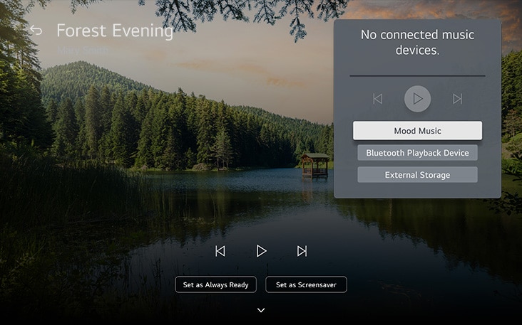 Walkthrough of how an LG TV can be set up to play mood music to sync with the visuals. 	