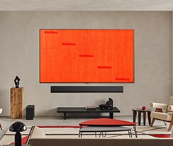 Living room with a wall-mounted LG TV. The screen features one of the many artworks available on LG Gallery+ 