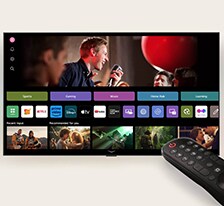 LG webOS interface with the AI Magic Remote in the foreground. The thumbnails on the user interface show personalized content recommendations from AI Voice ID.