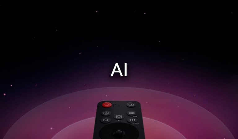 LG AI Magic Remote with the AI button highlighted. There is a graphic UI representation with icons of how the AI button allows users to access different AI functionality. The services include AI Voice ID, AI Search, AI Chatbot, AI Concierge, AI Picture Wizard, and AI Sound Wizard. Functionality is then showcased as the cursor appears over an interface, showing how the remote cam be used like an air mouse to just point and click.	