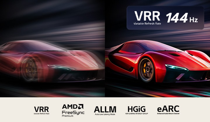 Two images of a car in a video game side-by-side. One shows a lot of motion blur. The other is sharp and in-focus showing the high frame rate of LG QNED TV. VRR logo and a 144Hz logo are on the upper right corner.