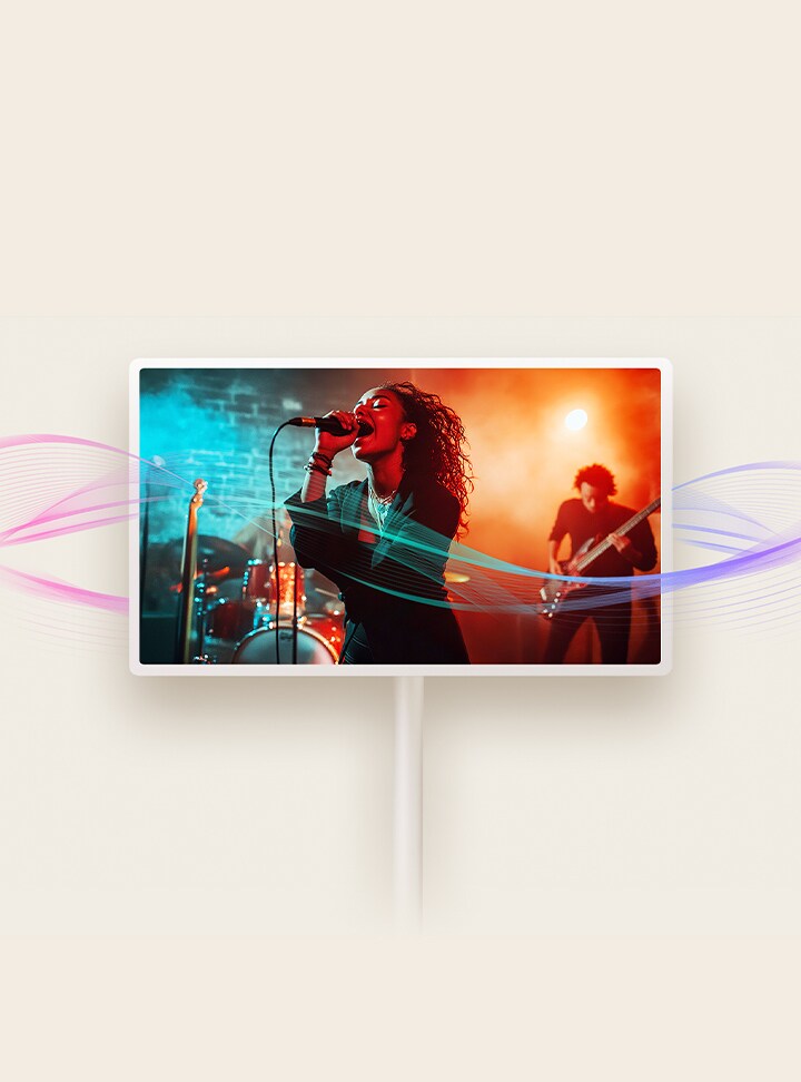 Vocalist singing into a microphone with soundwaves visualized across.	