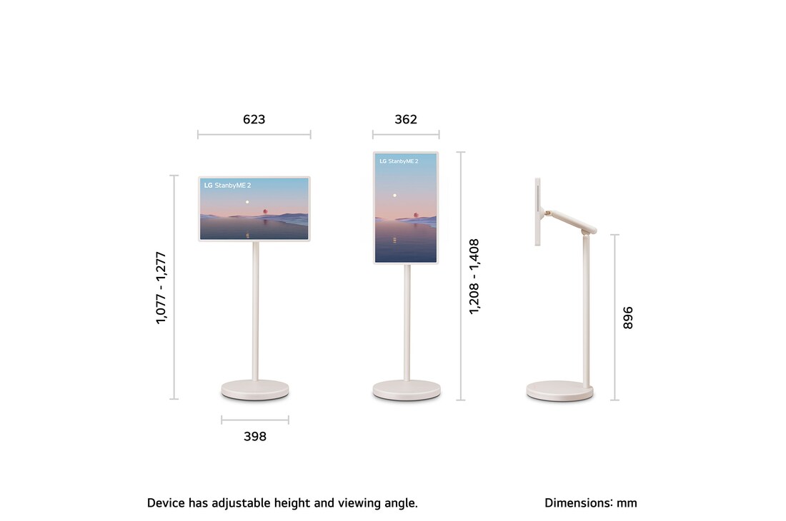 A person rolling their LG StanbyME 2 using the TV stand. The text explains how the Super Portable Screen has 4 hours of wireless playback and USB-C. 