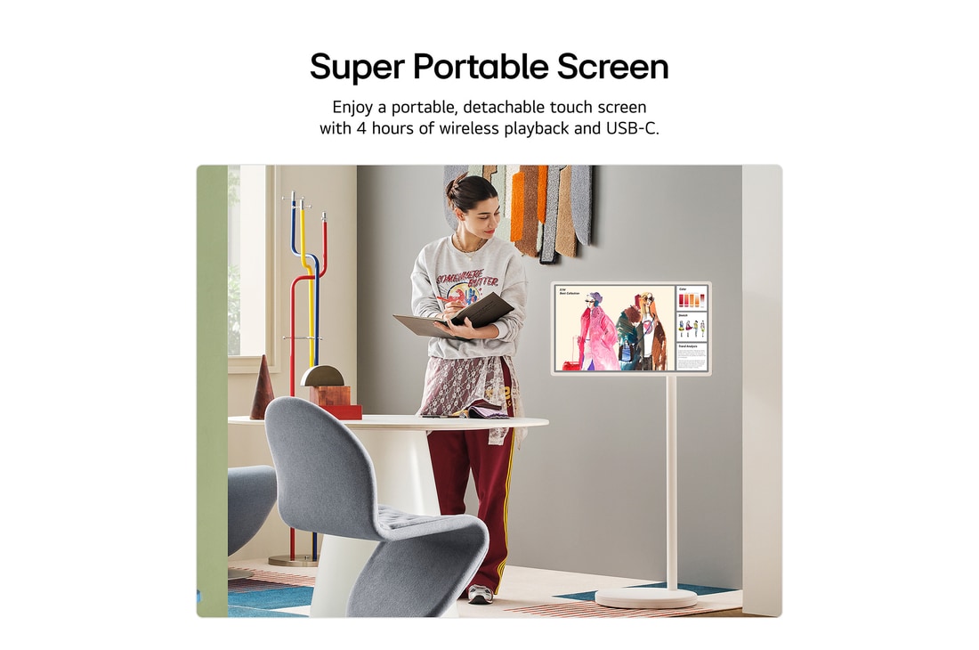 LG StanbyME 2 is on a table. Let's Draw is in use. A person is creating artwork using just their finger and the touchscreen. The text talks about how you can use your screen as a digital canvas and display artwork through the Always On Display.