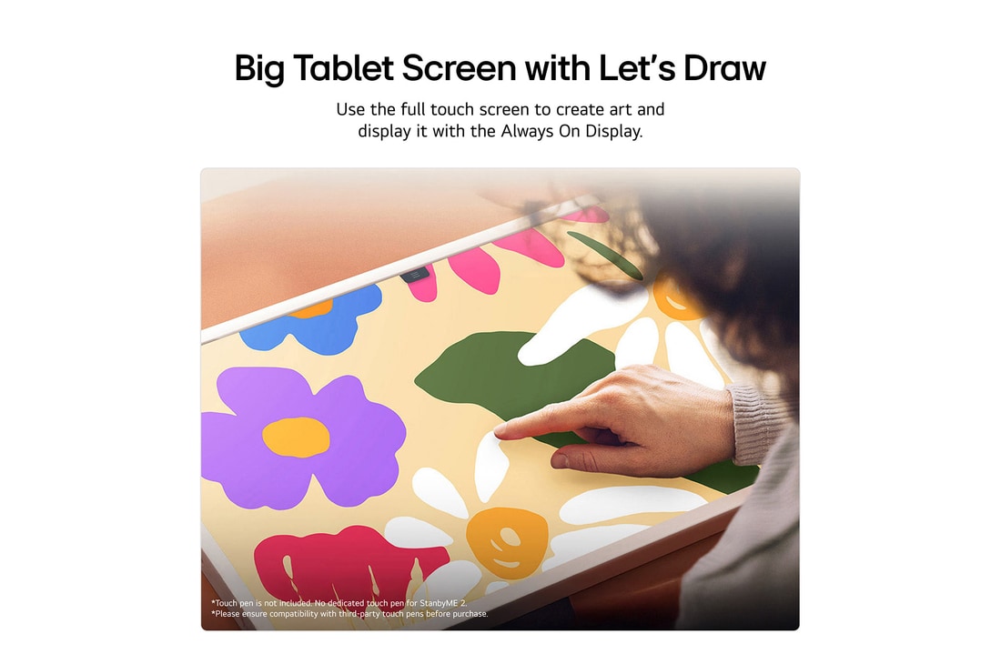 A group of friends playing a board game on the LG StanbyME 2 on the table. The Big Tablet Screen is featured. Text talks about playing directly on the touchscreen.